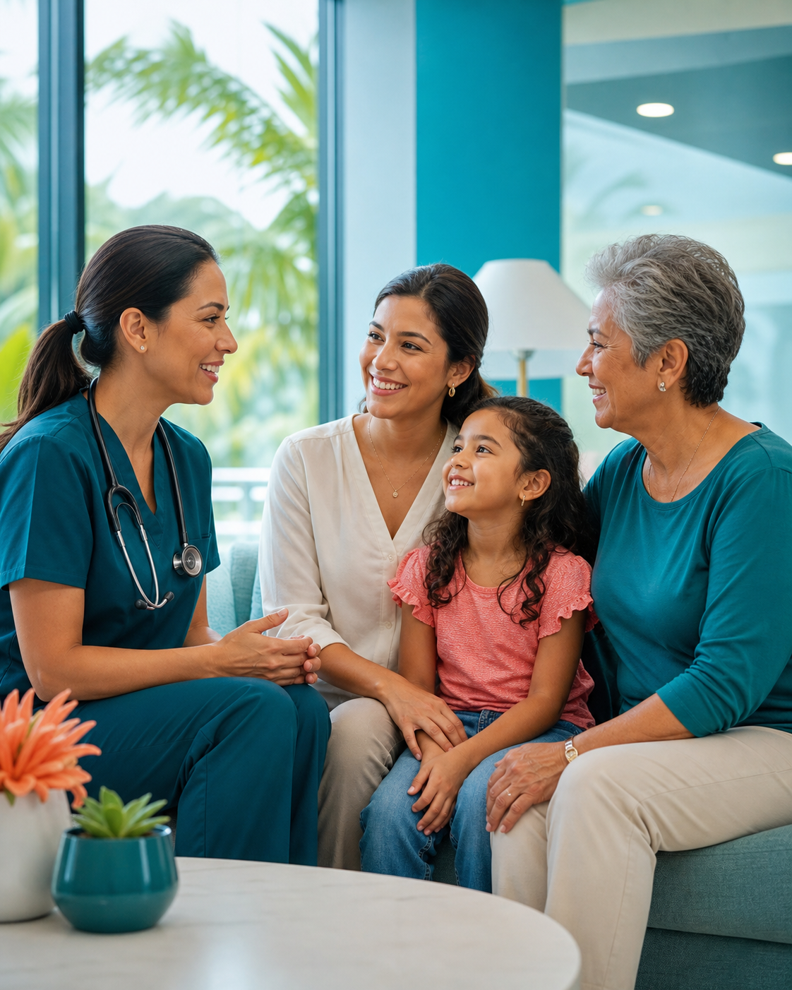 Doctora conversando con una familia en una clínica